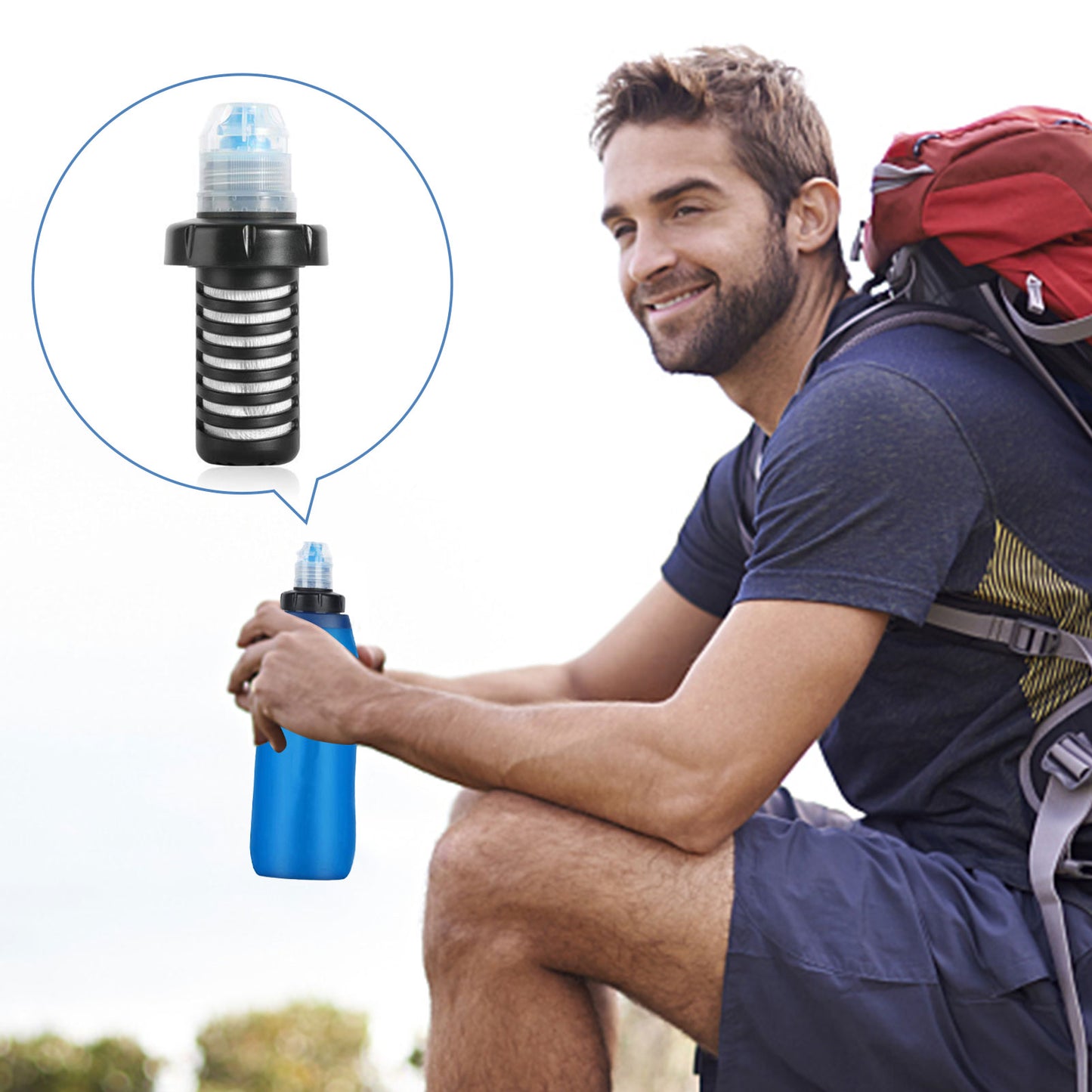 Man with a backpack holding a blue water bottle with a filter, outdoors.