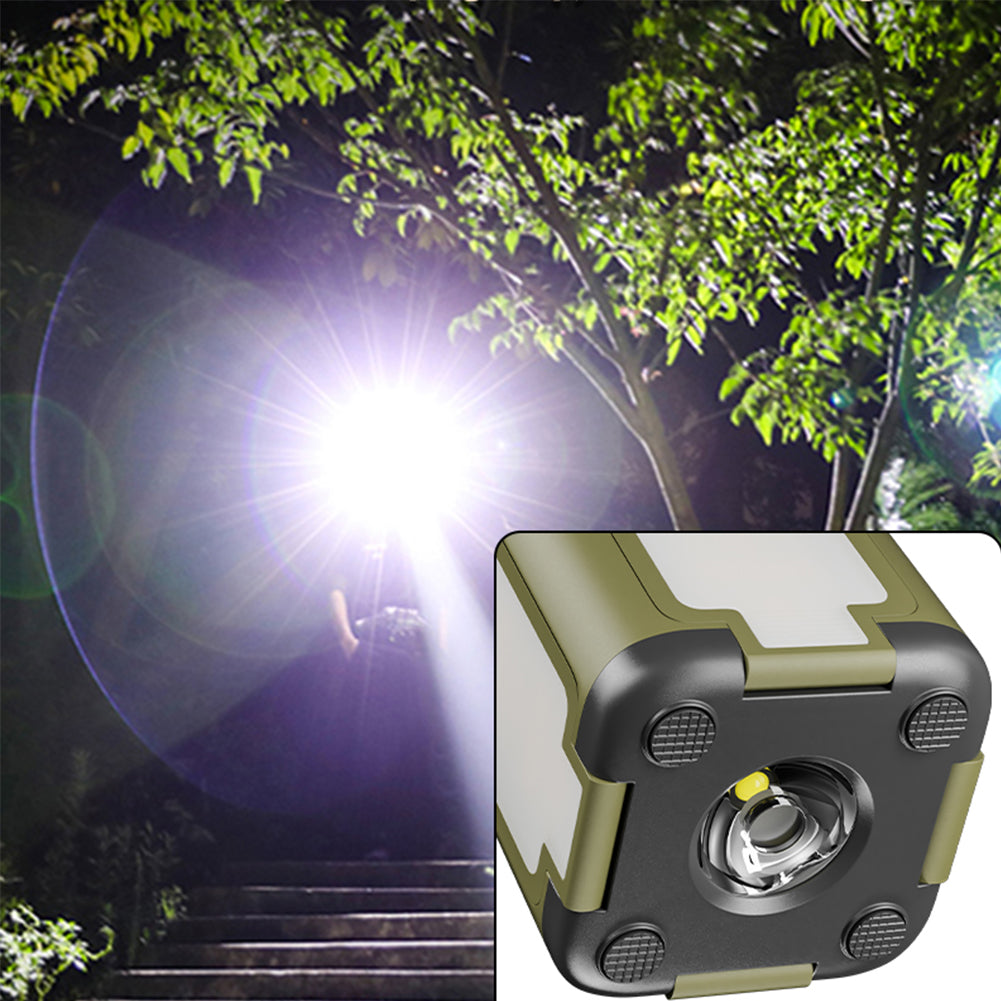 Flashlight illuminating a dark area with trees in the background, inset with a close-up of the flashlight.