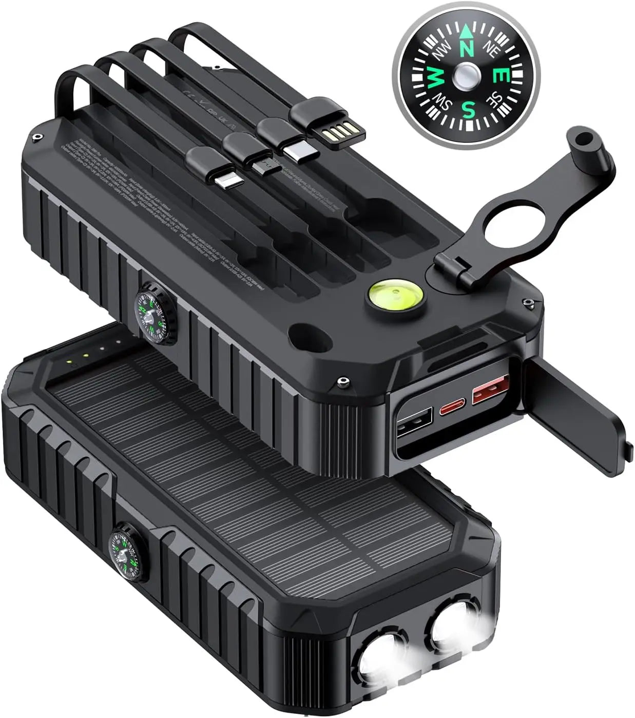 Black portable power station with solar panel, LED lights, and compass on a white background
