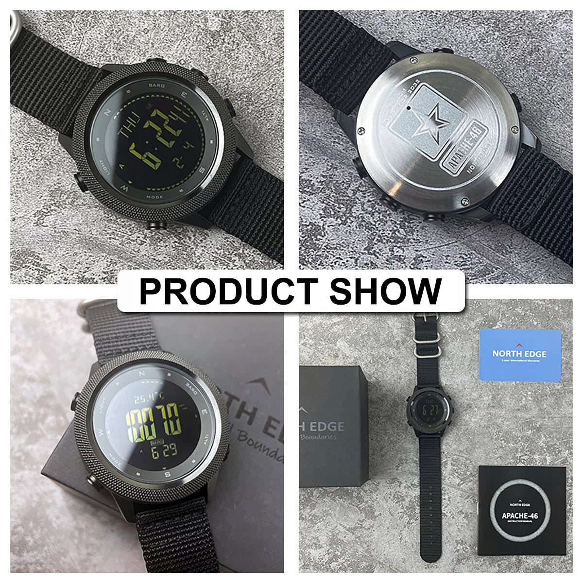 A four-panel collage showing a North Edge brand digital watch from multiple angles, including front, back, and side views, along with its box and accessories on a textured gray background.