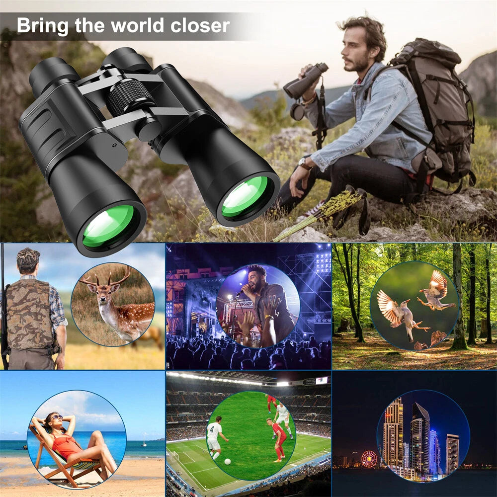Black binoculars shown prominently in a collage-style promotional graphic, with the text 'Bring the world closer' at the top and multiple lifestyle inset scenes including a hiker, deer, concert, birdwatching, beach, soccer, and city skyline.