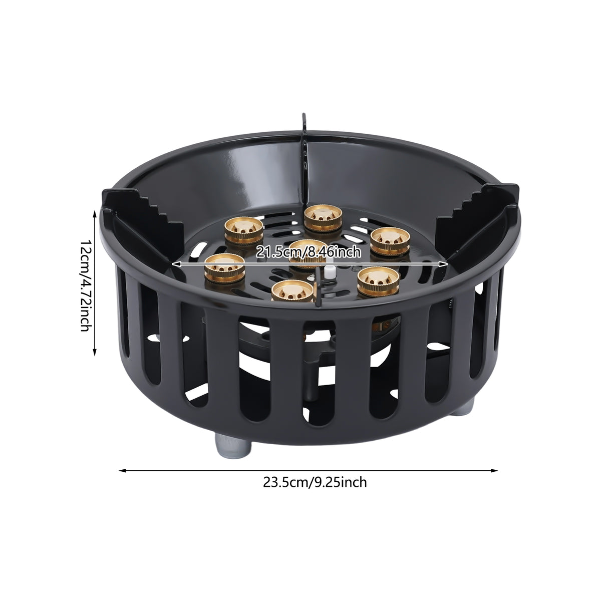 Portable camping stove showing product dimensions and burner design