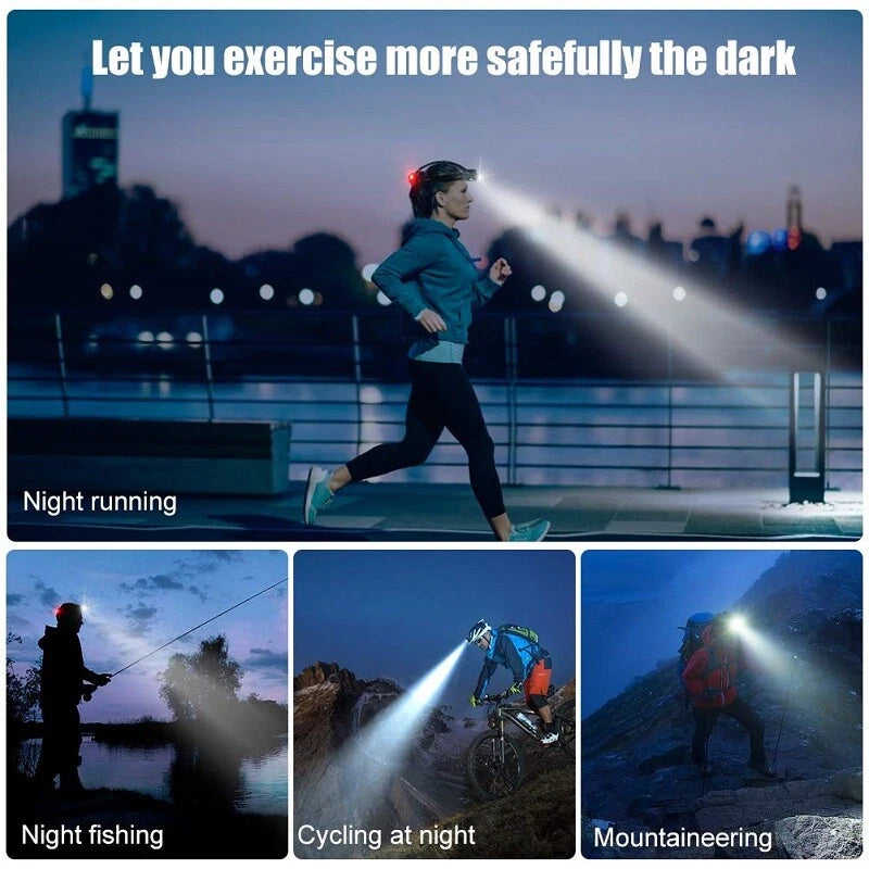Person running with a headlamp at night, with text 'Let you exercise more safely in the dark'.