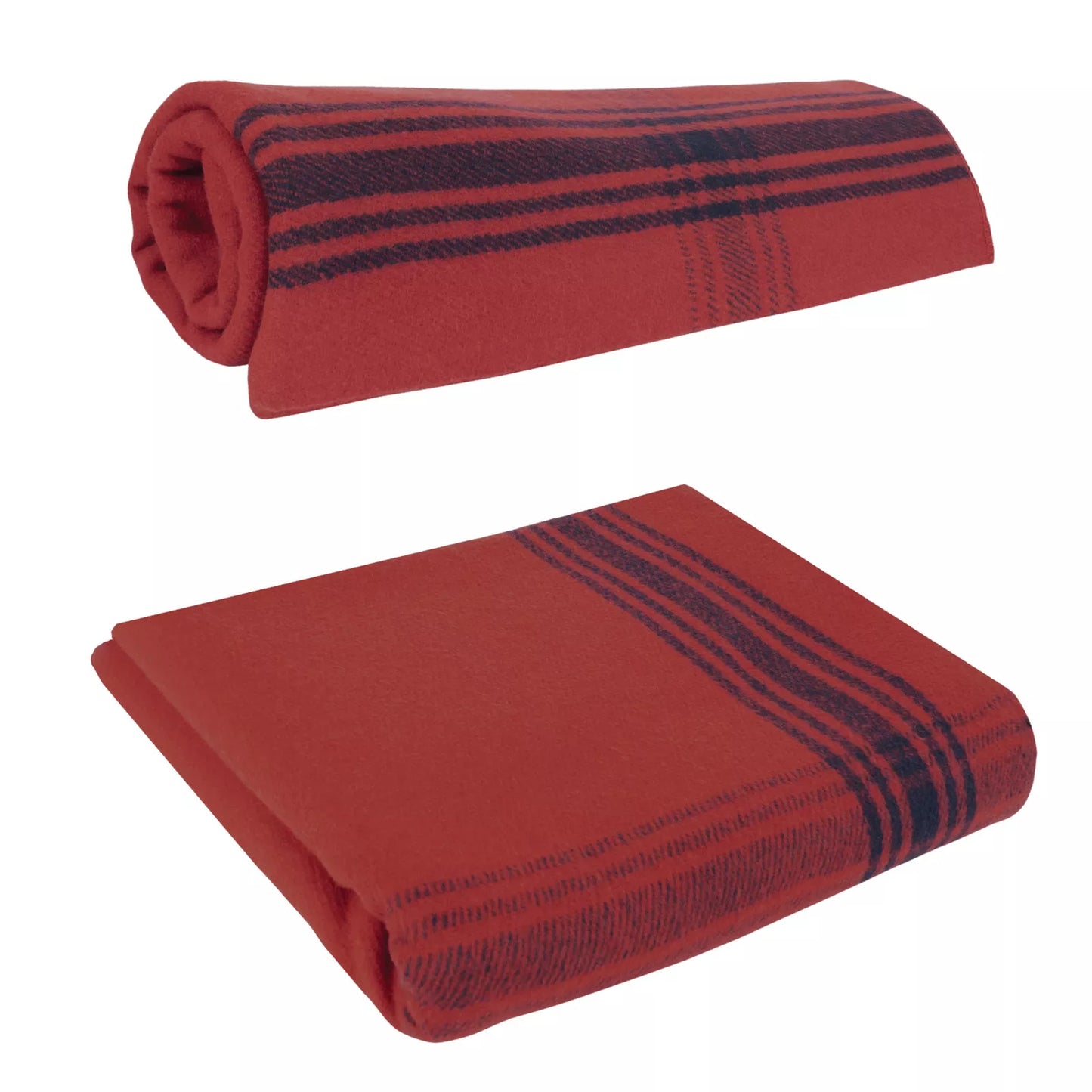 Wool Camping Blanket 62x80 Fire-Retardant Red with Navy Stripes