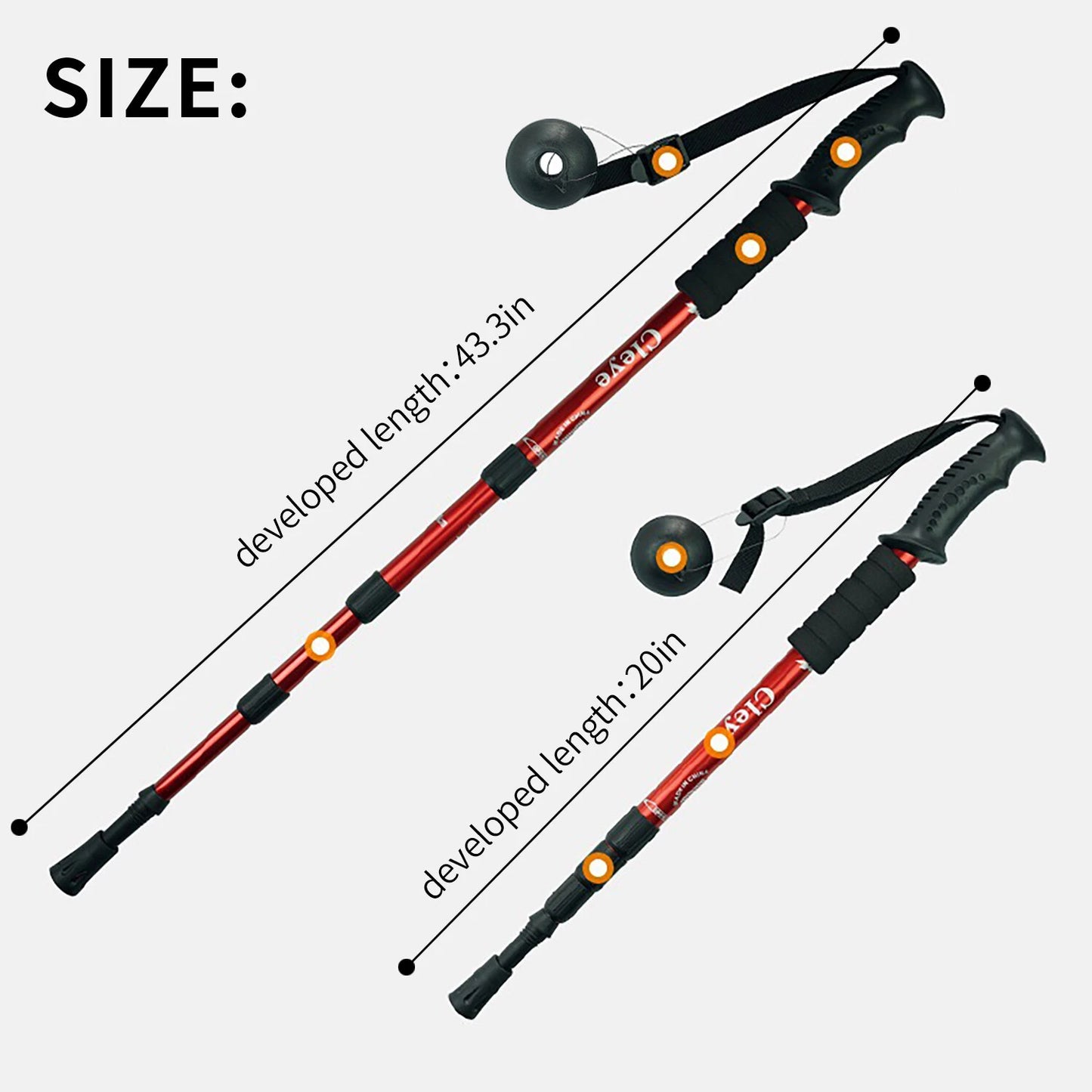 Two hiking sticks with labeled developed lengths on a white background