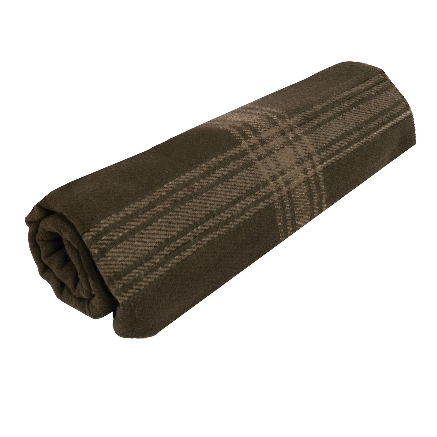 Rolled-up brown plaid blanket on a white background