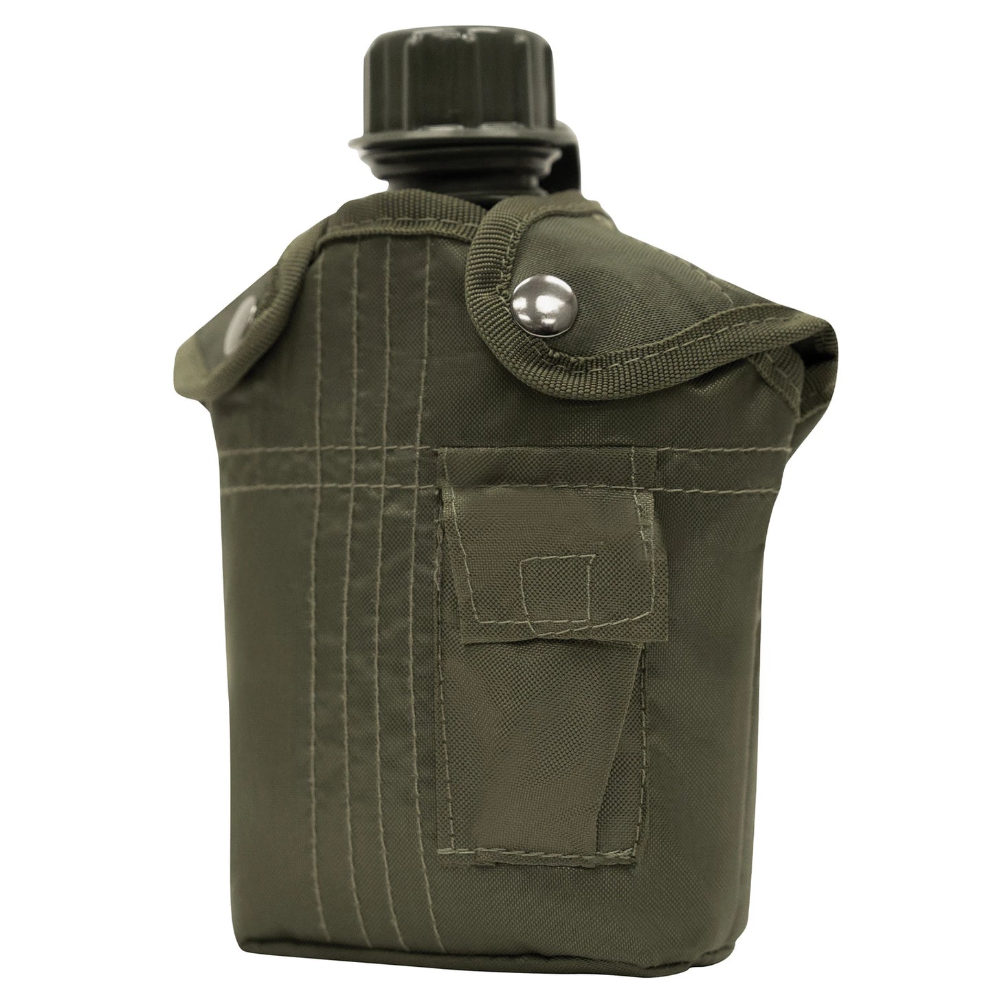 Green military canteen with a shoulder strap on a white background