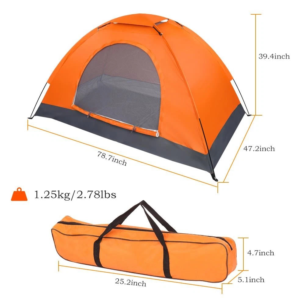 Orange camping tent with dimensions and weight displayed