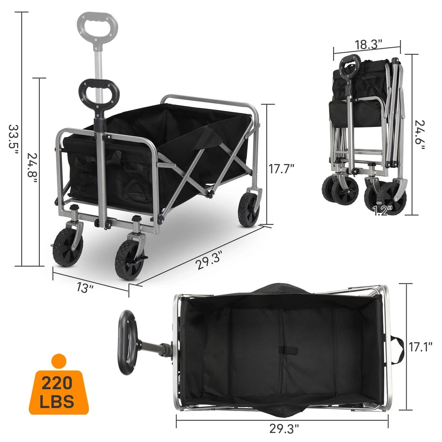 Black folding wagon with dimensions and weight capacity displayed