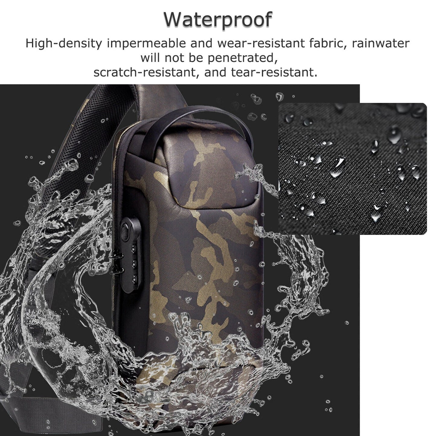 Anti-Theft Sling Backpack with USB Port Black Camouflage