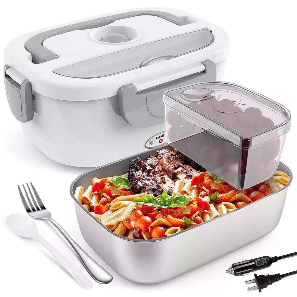1.5L electric heated lunch box with stainless steel food container, fruit box, fork, spoon, and power cords