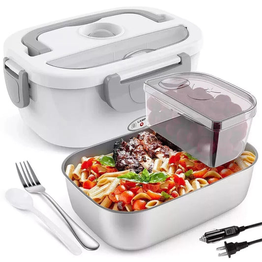 1.5L electric heated lunch box with stainless steel food container, fruit box, fork, spoon, and power cords