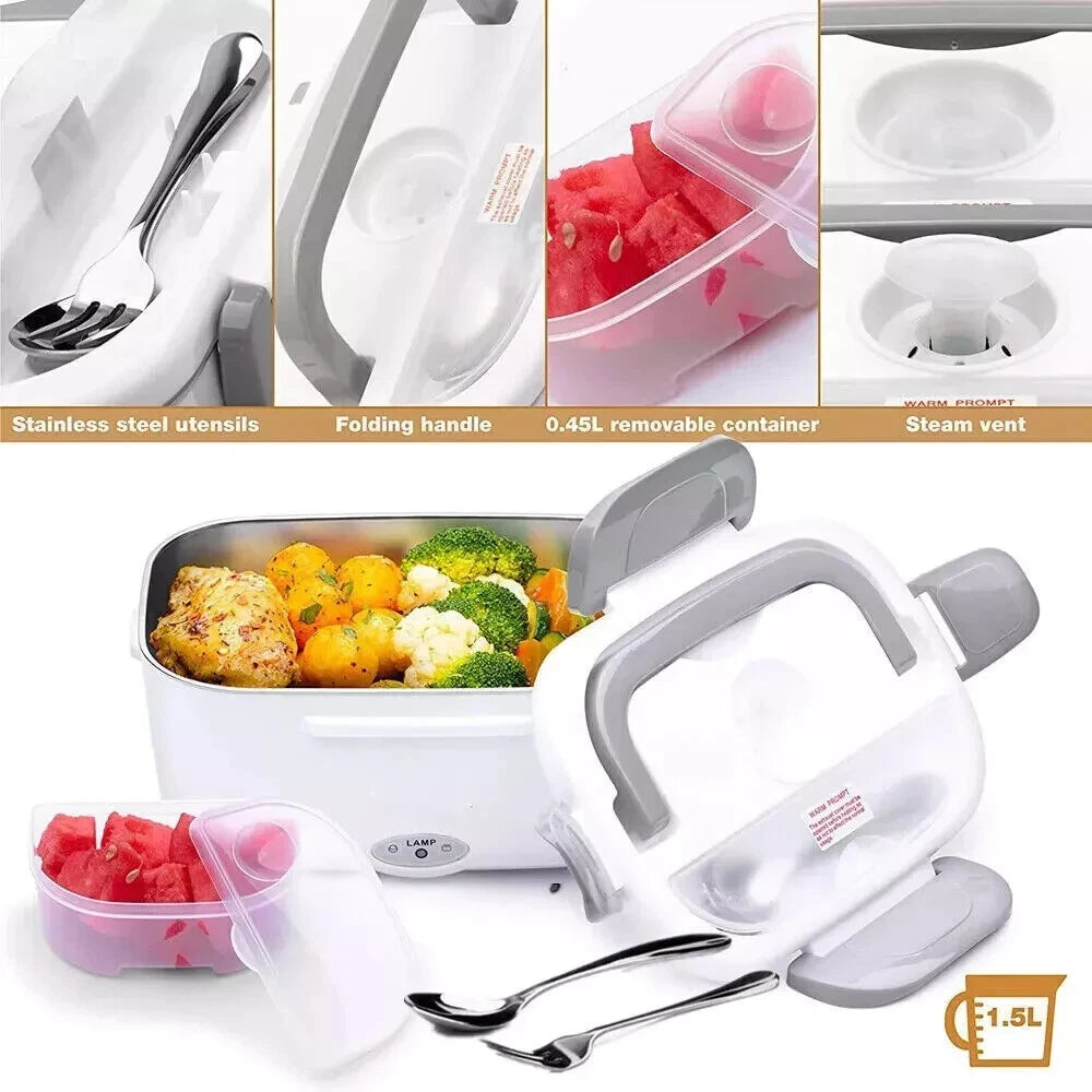 1.5L heated lunch box showing stainless steel utensils, folding handle, removable container, and steam vent