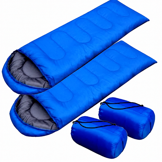 Blue camping sleeping bag set shown with two packed sleeping bags and two matching carry bags on a plain white background.
