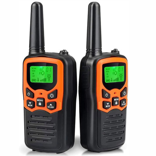Two black and orange walkie-talkies with green LCD screens, shown side by side on a white background.