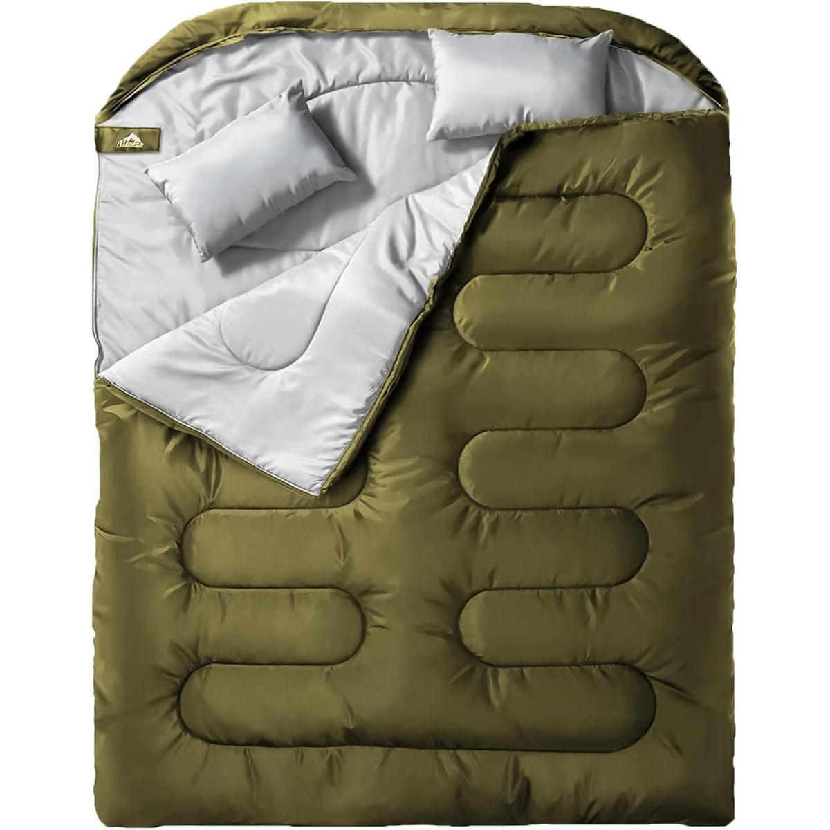 An olive green sleeping bag with a white interior lining and two white pillows, shown against a plain white background.