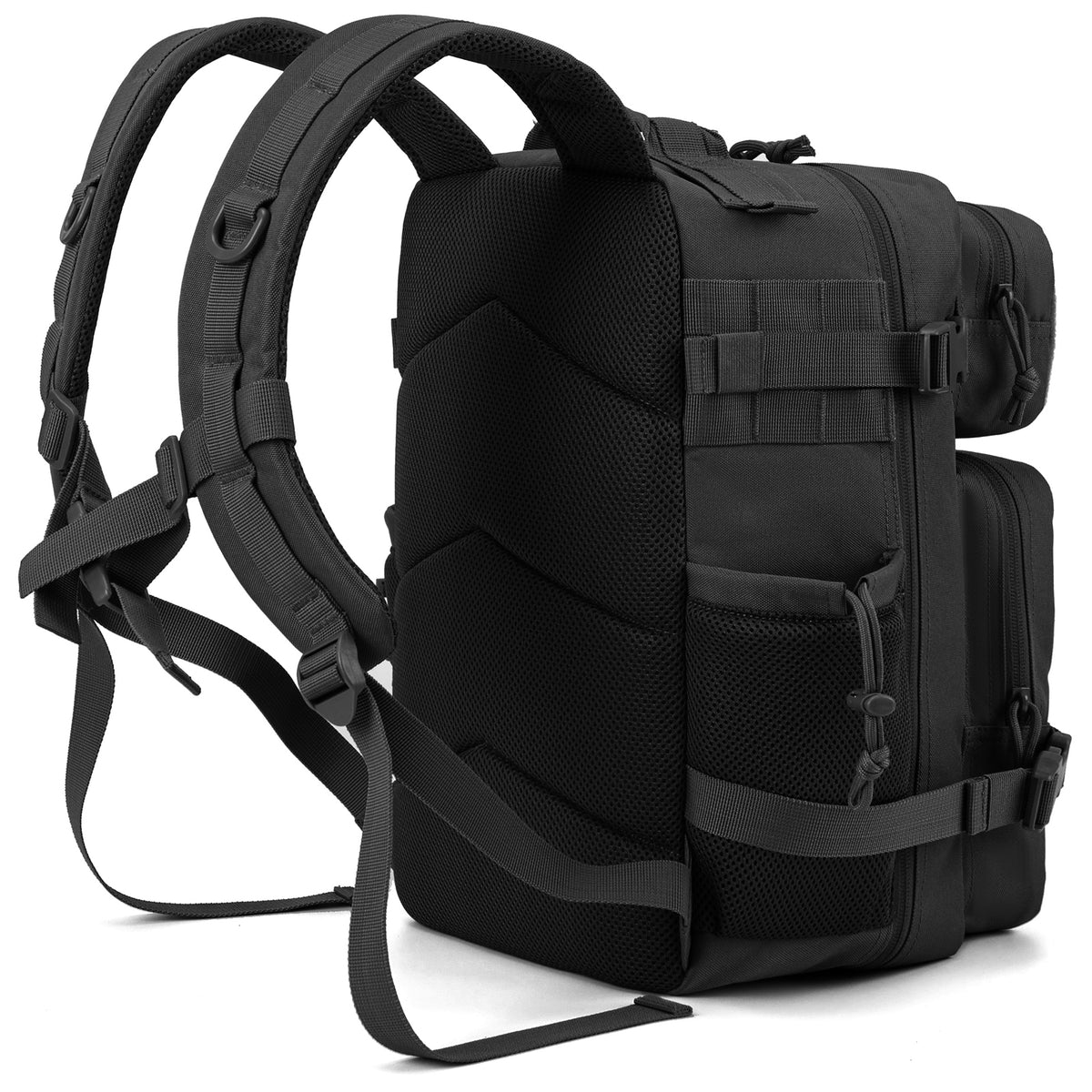 Back view of 25L black tactical backpack with padded shoulder straps