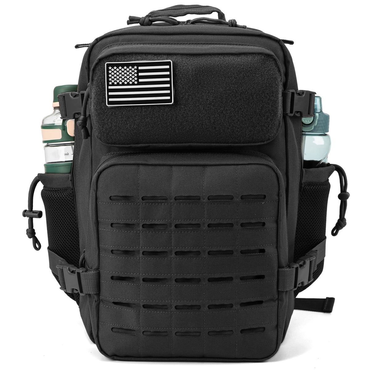 Front view of 25L black tactical backpack with multiple compartments