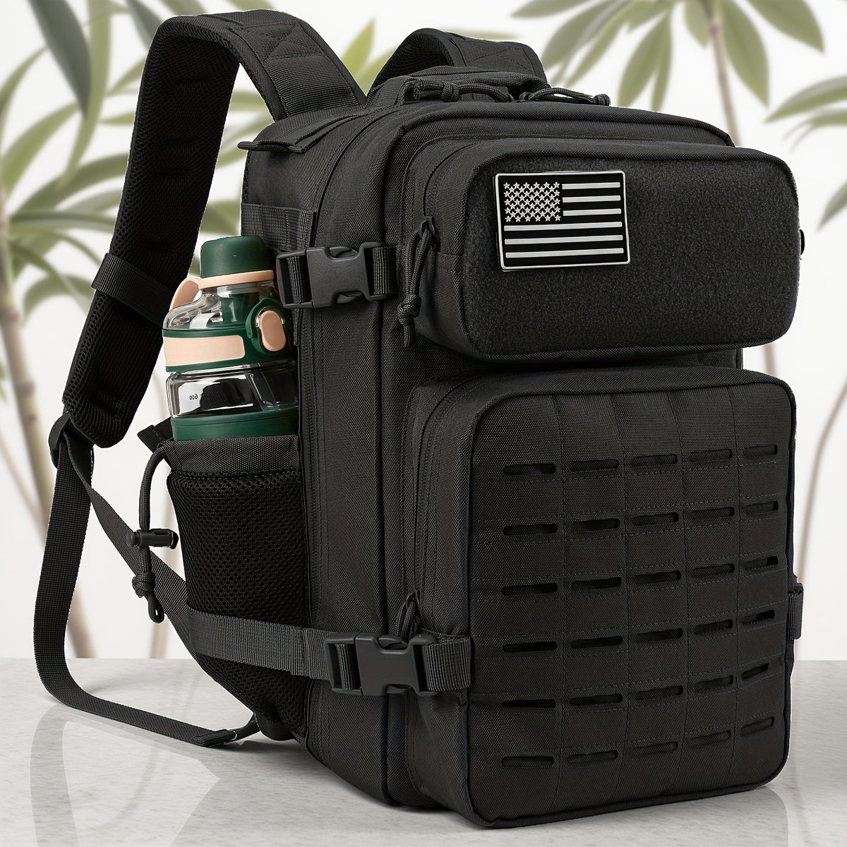 25L black tactical backpack with MOLLE webbing and side bottle pocket