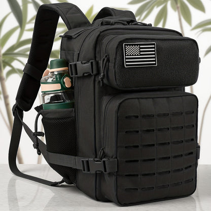 25L black tactical backpack with MOLLE webbing and side bottle pocket