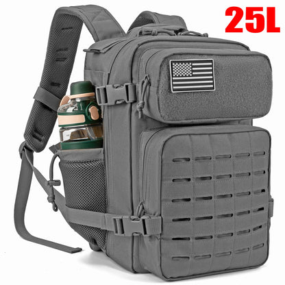 25L gray tactical backpack with MOLLE panel and side bottle pocket