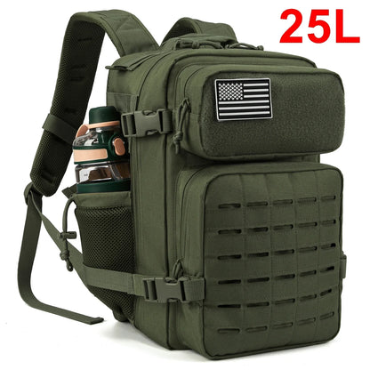 25L green tactical backpack with MOLLE panel and side bottle pocket