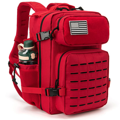 25L red tactical backpack with MOLLE webbing and side bottle pocket