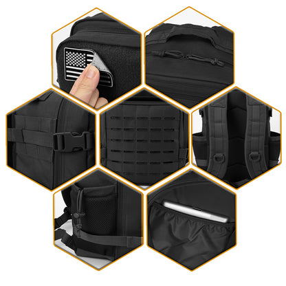 Close-up details of 25L tactical backpack MOLLE webbing straps and pockets