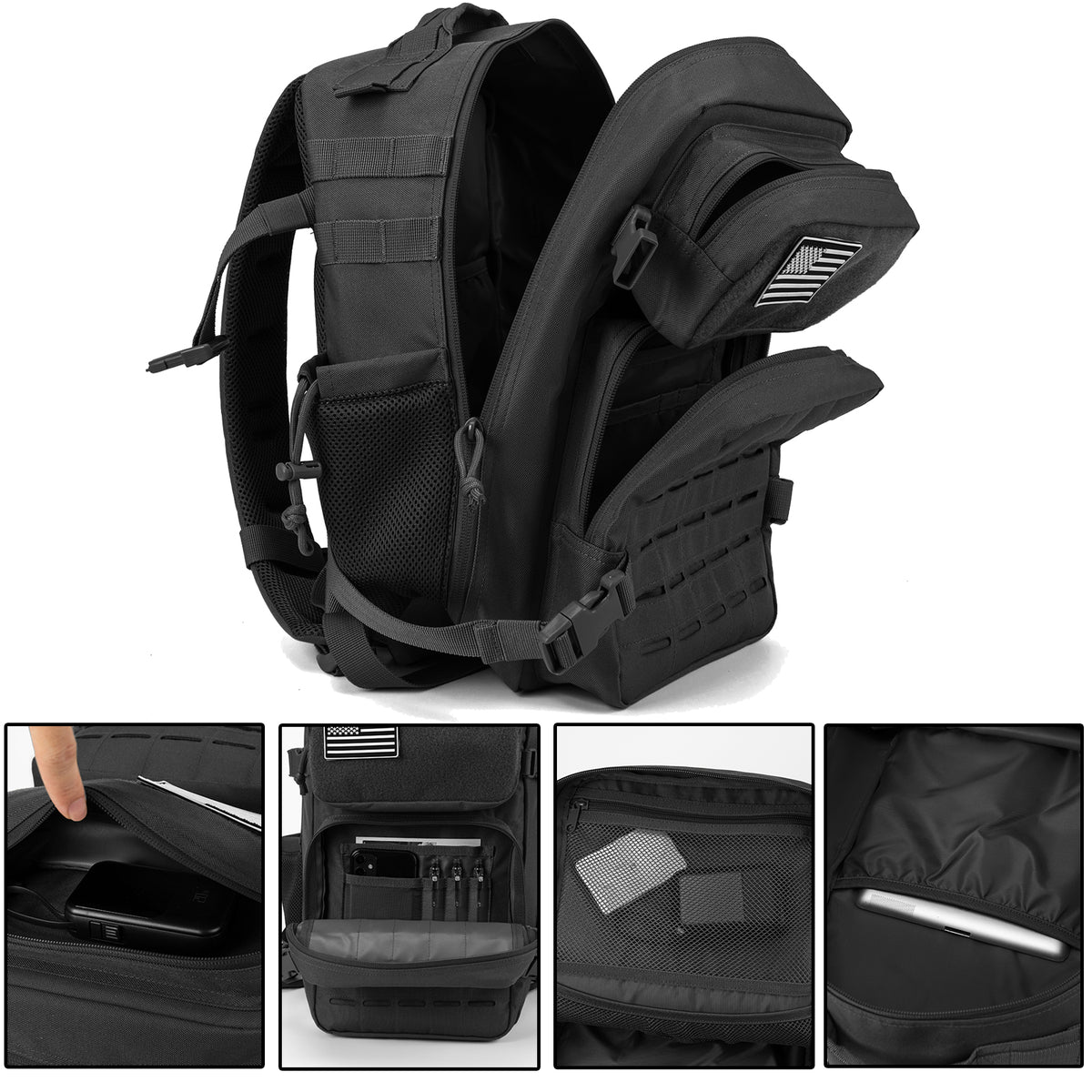 25L tactical backpack with multiple storage compartments and organizer pockets
