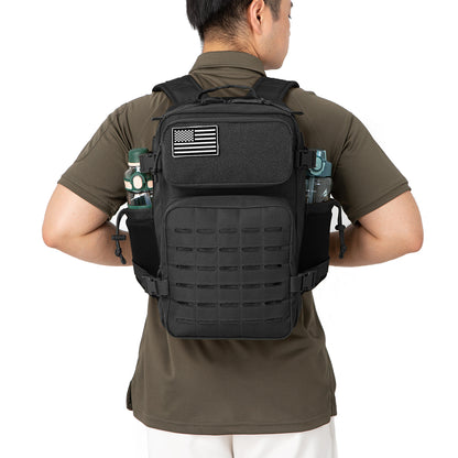 25L black tactical backpack worn on the back for outdoor use