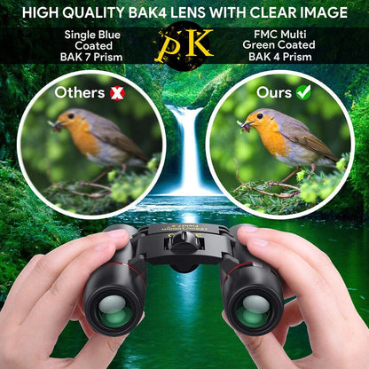 Black binoculars with red accent rings held by two hands, shown against a green forest waterfall background with promotional text and two circular bird comparison insets.
