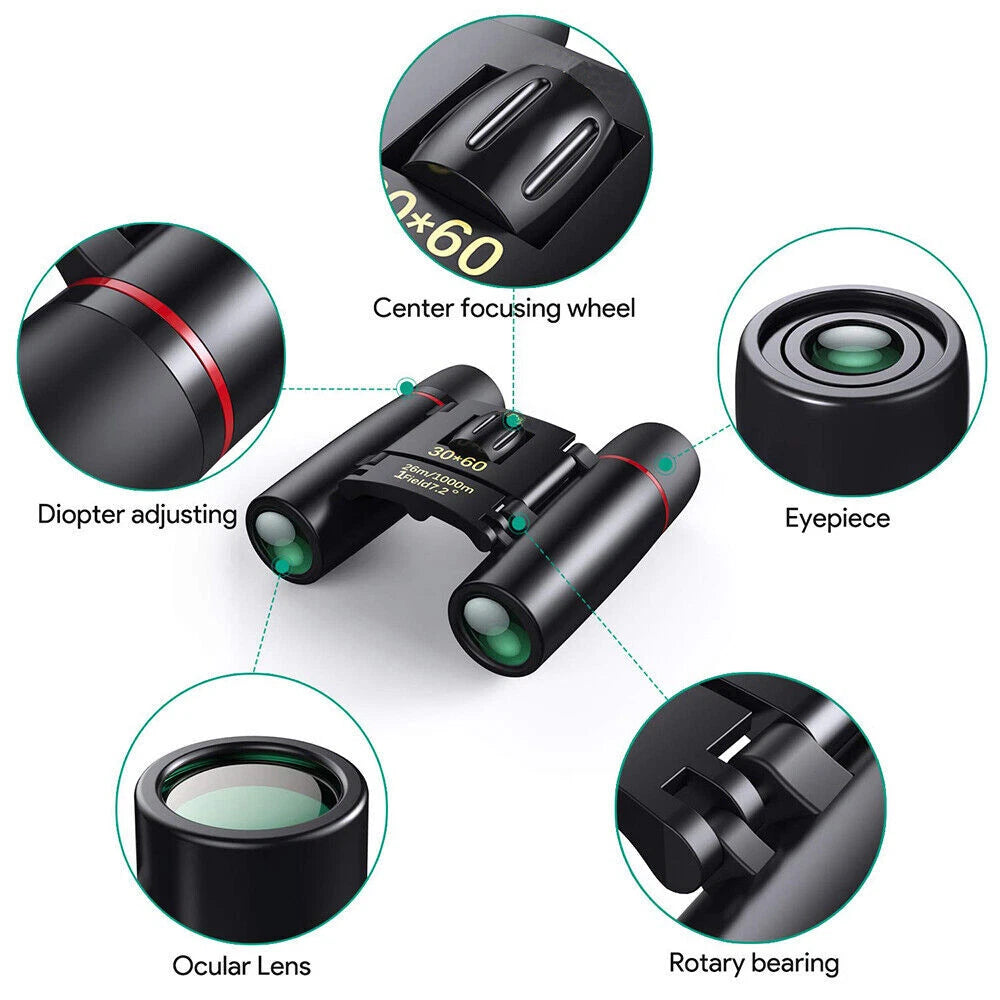 Black compact binoculars shown on a white background with callout circles highlighting features: center focusing wheel, diopter adjustment, eyepiece, ocular lens, and rotary bearing.