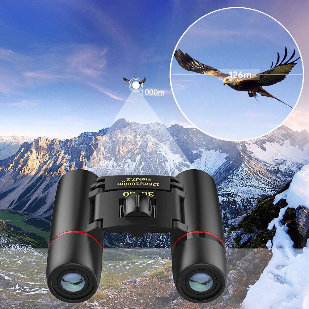 Black 20x70 binoculars with red accent rings, shown over a snowy mountain landscape with a circular inset showing a bird of prey and distance markings.