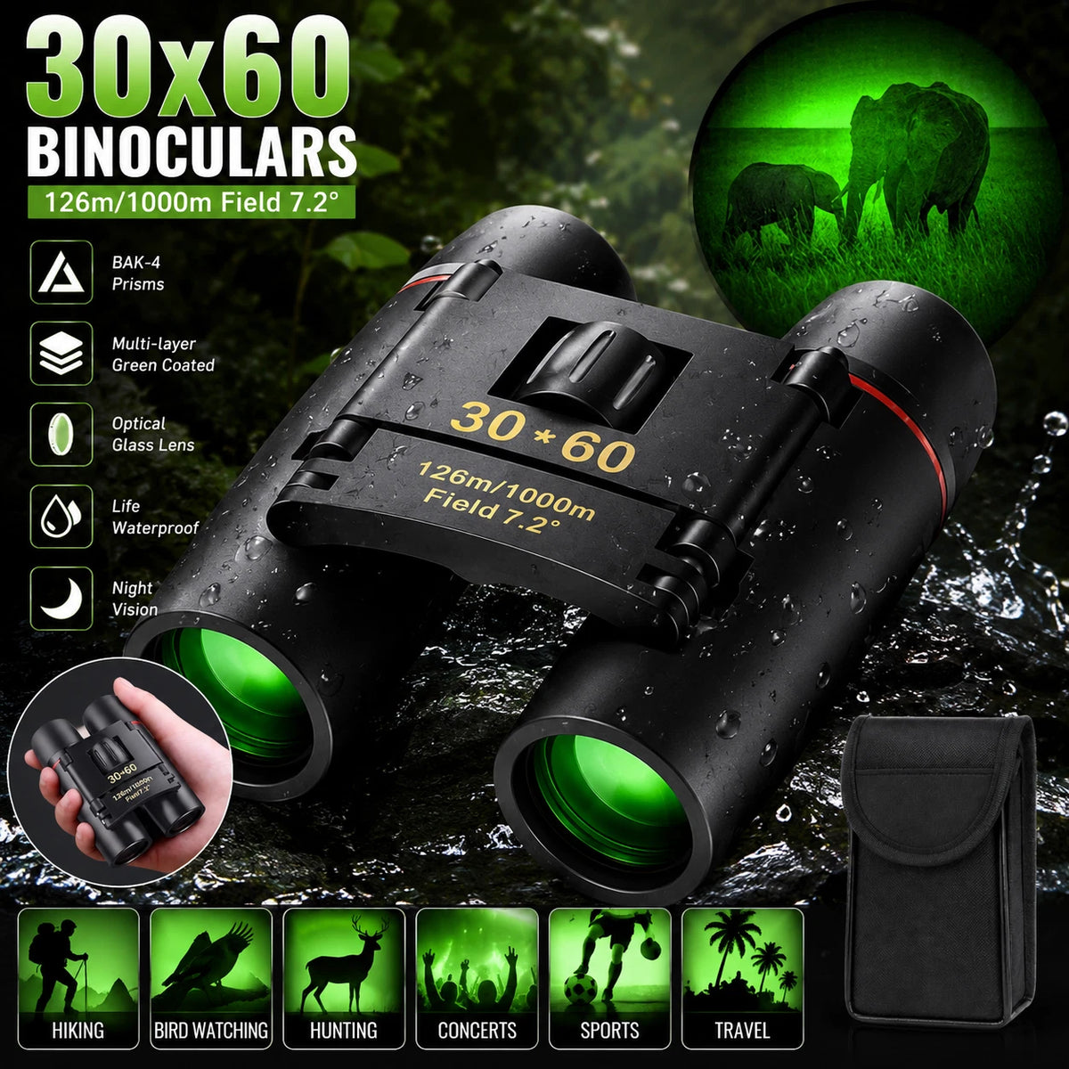 Black 30x60 binoculars with green-tinted lenses, shown in a water-and-forest promotional layout with feature icons, a hand holding the binoculars, a night-vision inset, and a black carrying pouch.