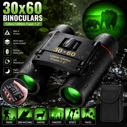 Black 30x60 binoculars with green-tinted lenses, shown in a water-and-forest promotional layout with feature icons, a hand holding the binoculars, a night-vision inset, and a black carrying pouch.
