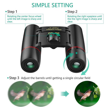 Instructional graphic for binoculars showing simple setting steps: rotating the center focus wheel and right eyepiece for clarity, with a binoculars illustration and small bird-focus examples at the bottom on a white background.
