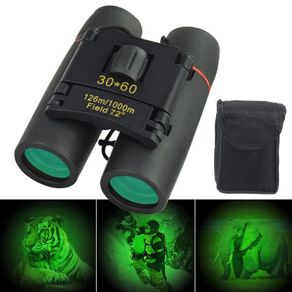 Black binoculars with green-tinted lenses and yellow text reading '30*60', shown alongside a black carrying pouch and three green night-vision style inset images demonstrating use.