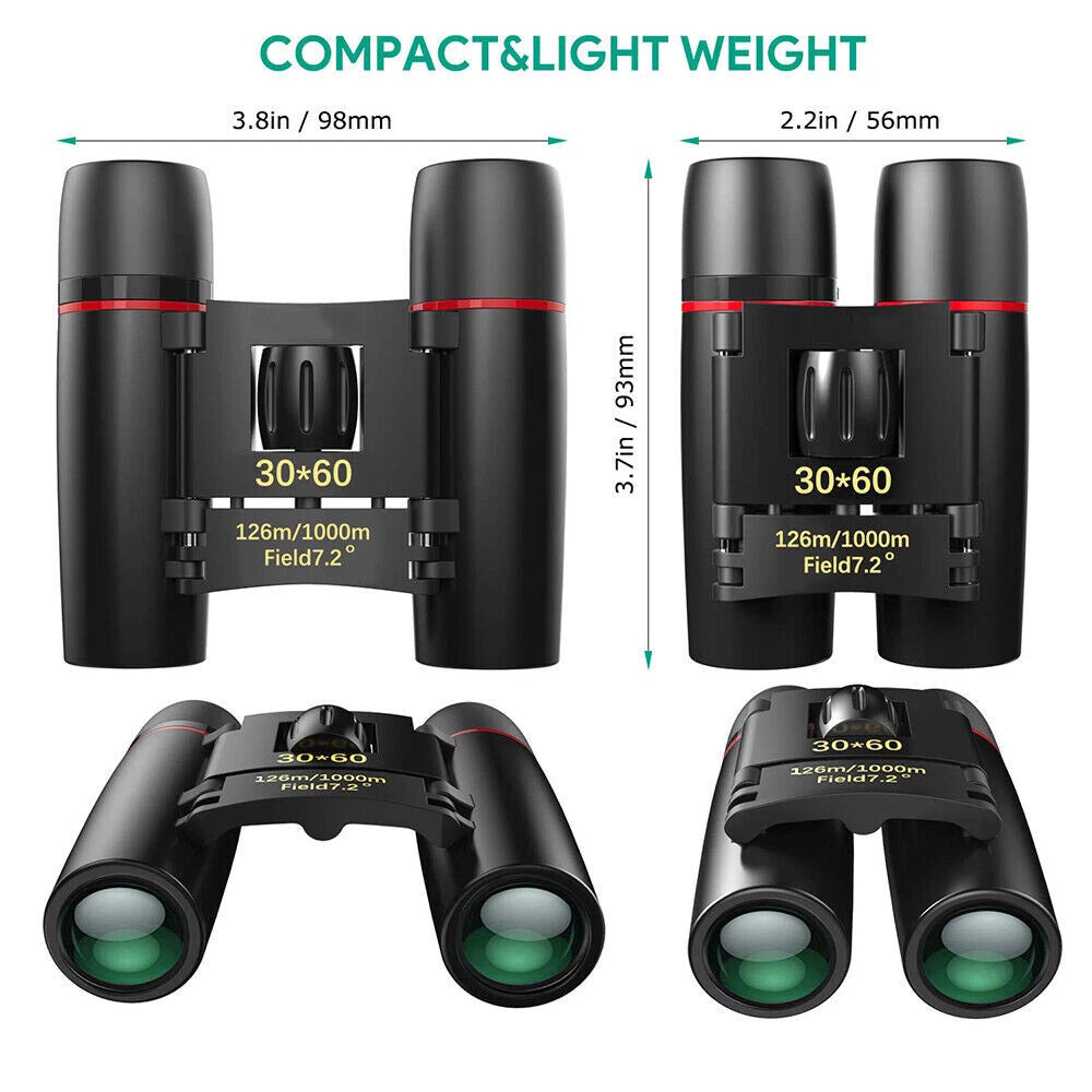 Compact 30x60 binoculars shown in two views on a white background with text indicating compact and light weight dimensions. The binoculars are black with red accents and green-tinted lenses.