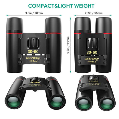 Compact 30x60 binoculars shown in two views on a white background with text indicating compact and light weight dimensions. The binoculars are black with red accents and green-tinted lenses.