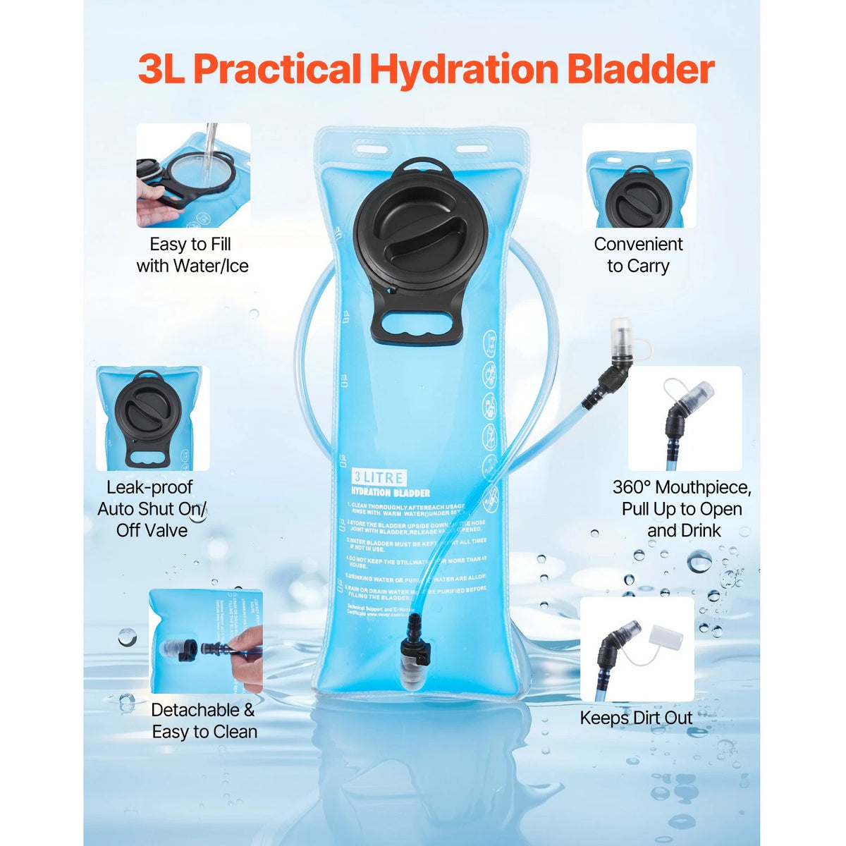 3L Practical Hydration Bladder with features highlighted on a light blue background