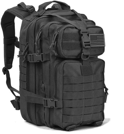 Black tactical backpack with multiple straps and a flag patch on a white background