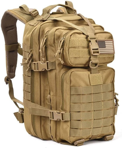 Tan tactical backpack with American flag patch on a white background