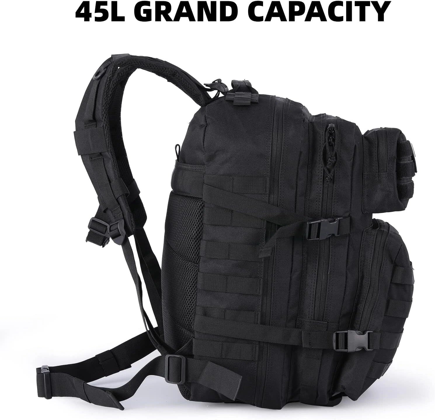 Black tactical backpack with 45L grand capacity text on a white background