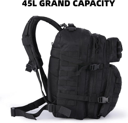 Black tactical backpack with 45L grand capacity text on a white background