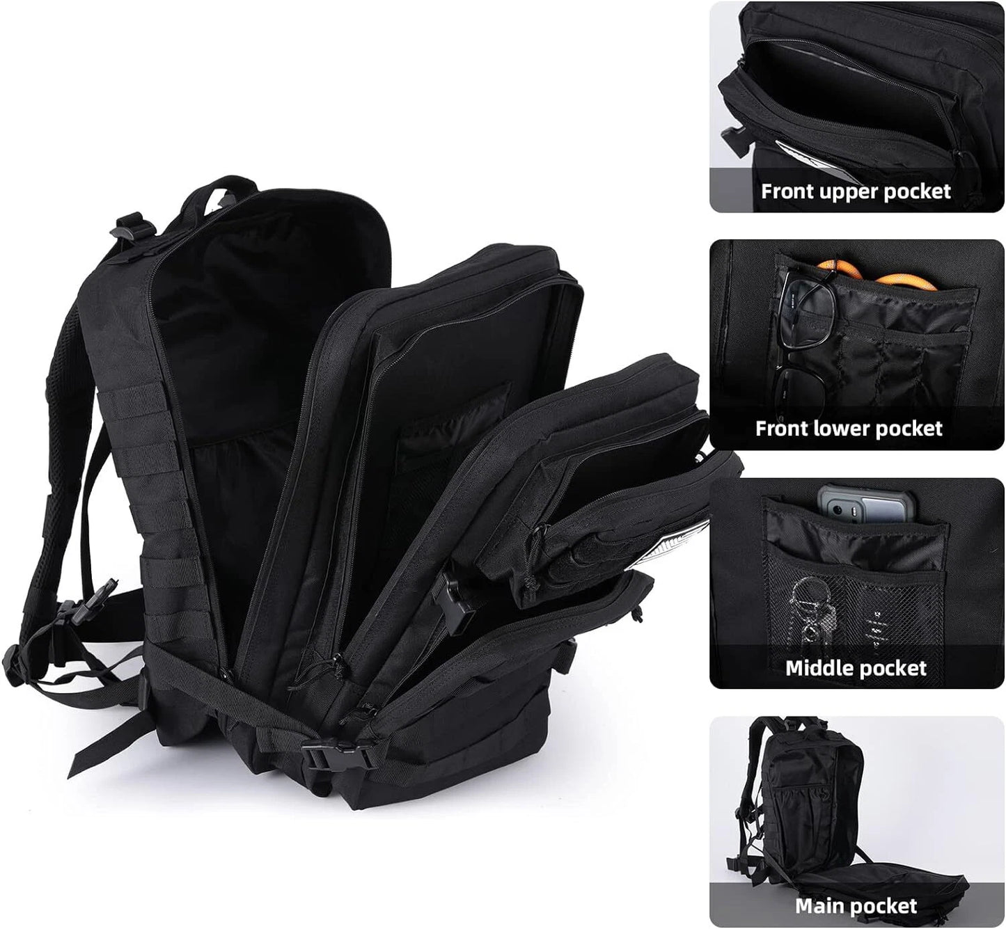 Black backpack with various pocket illustrations on a white background