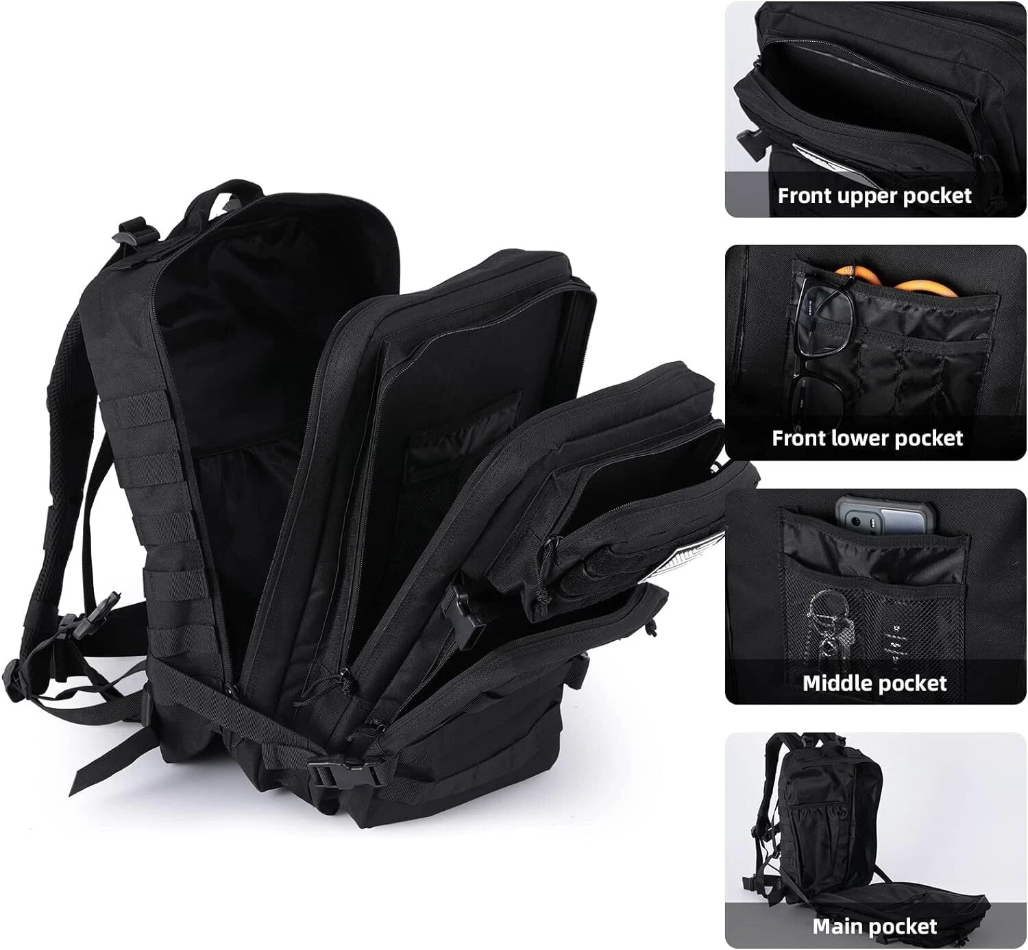 Black backpack with various pocket illustrations on a white background