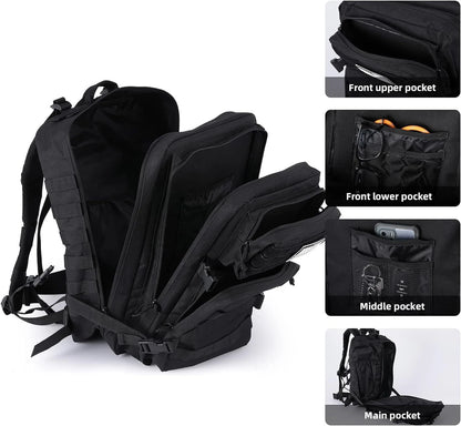 Black backpack with various pocket illustrations on a white background
