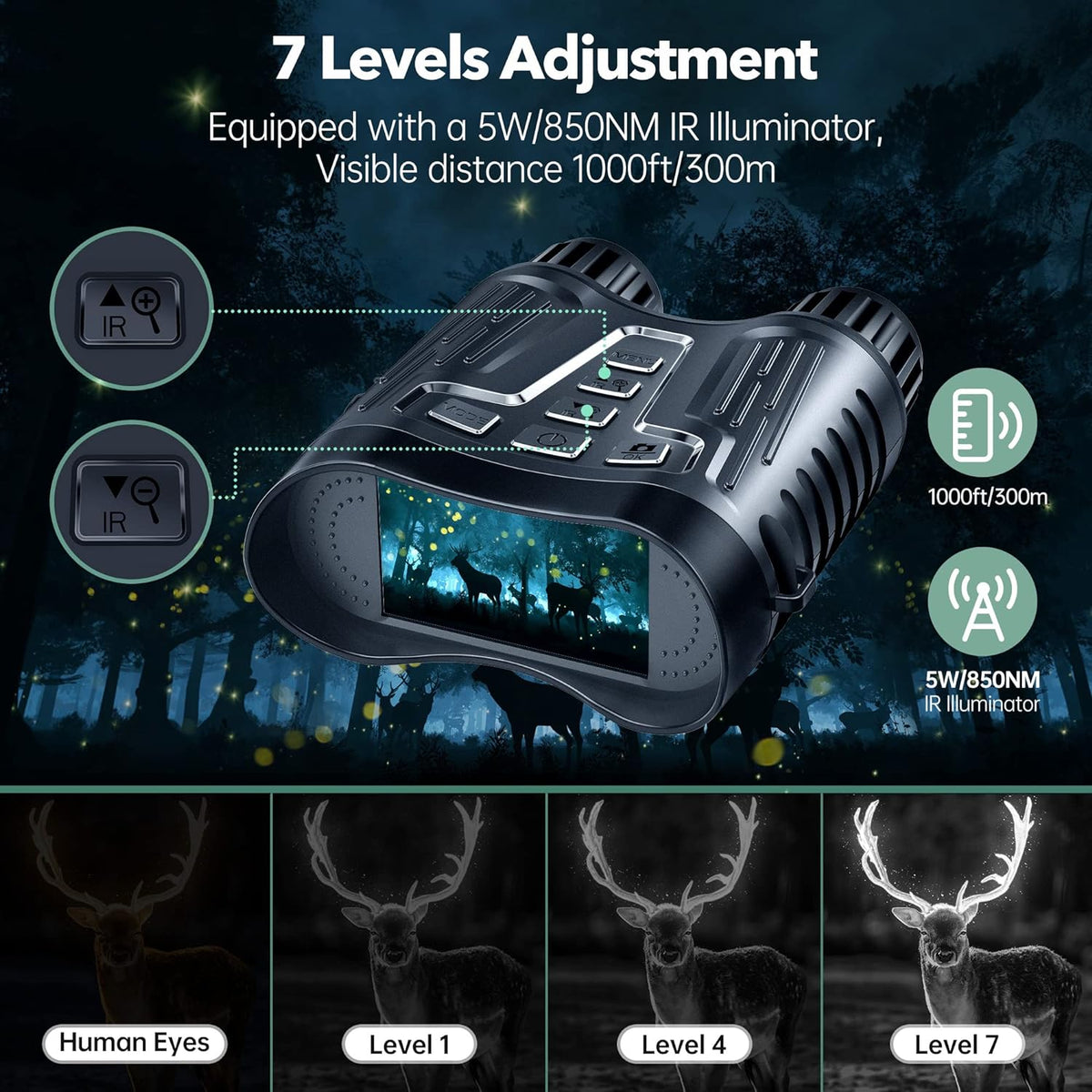 Night vision device with 7 levels adjustment feature and deer visuals on a dark background.