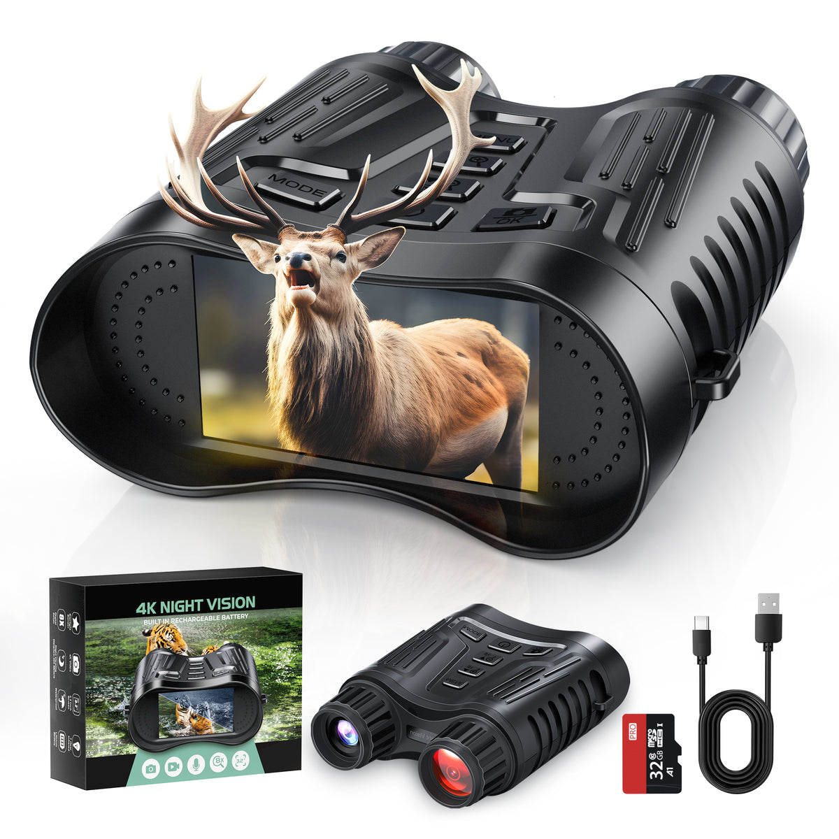 4K night vision binoculars with memory card, charging cable, and product box