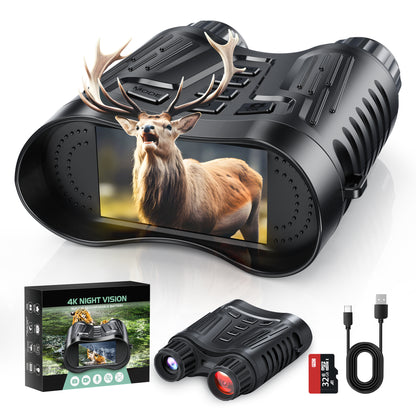 4K night vision binoculars with memory card, charging cable, and product box